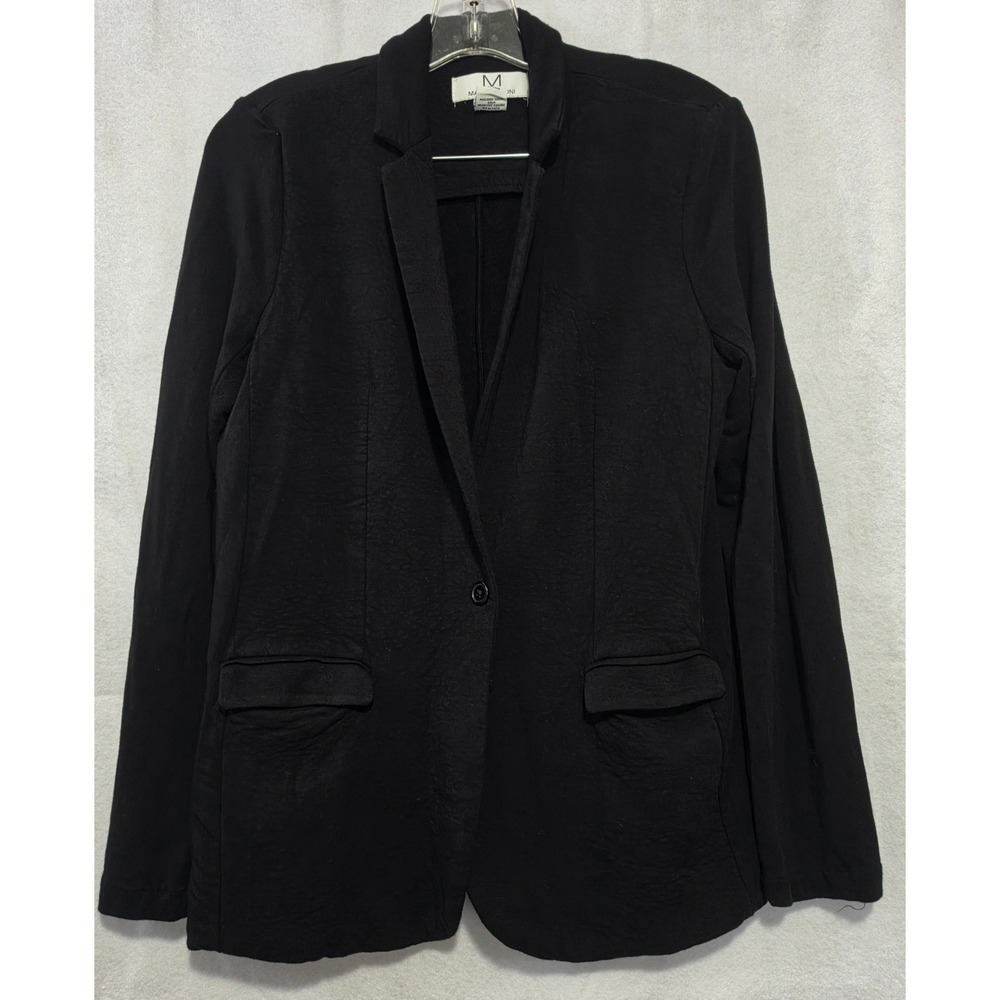 Magaschoni Womens Black Knit Blazer Single Button Flap Pockets Size M